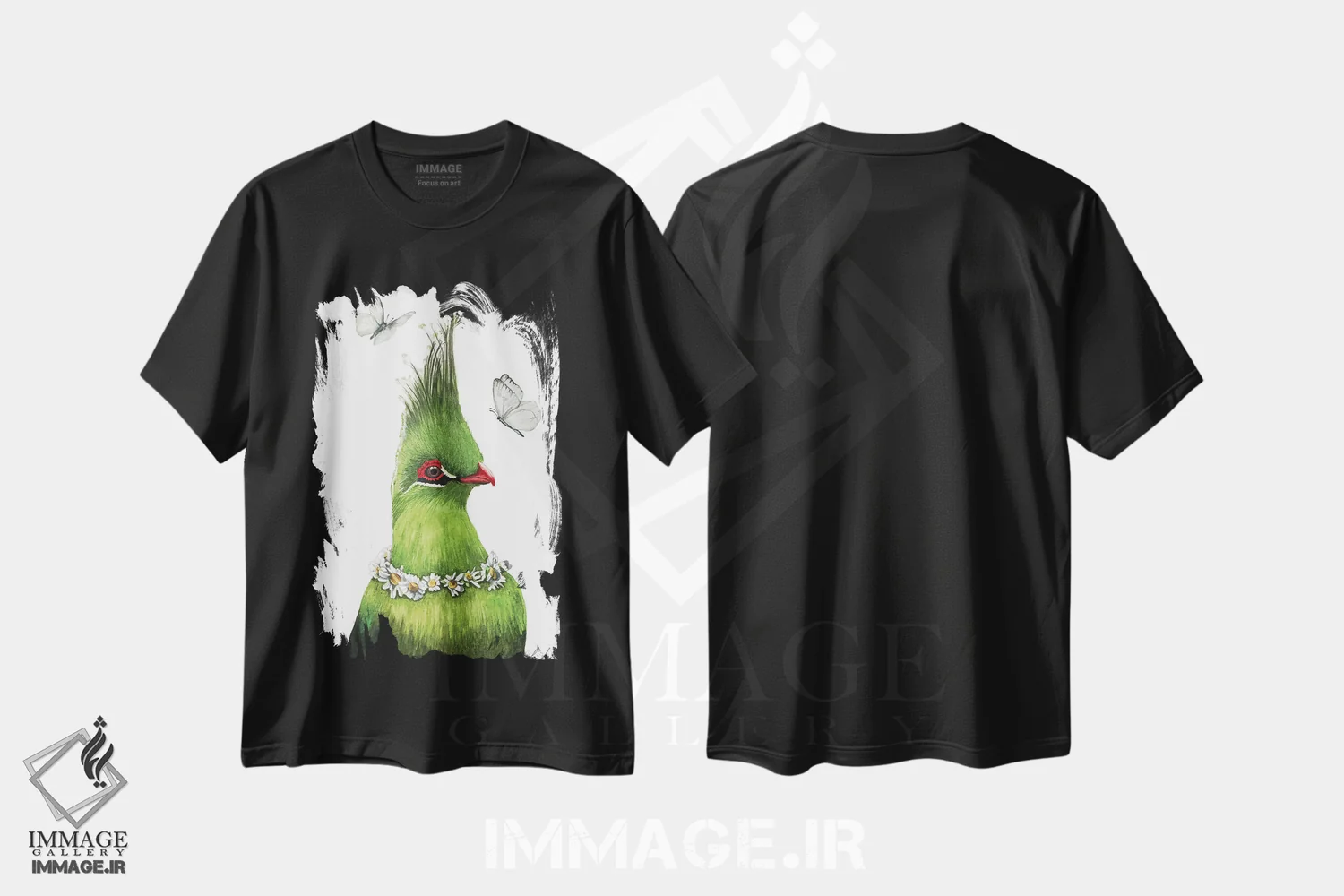 تیشرت مشکی طرح دار "پرنده سبز"، هنر فاخر معاصر اثر لیزا لنون | فروشگاه ایماژ