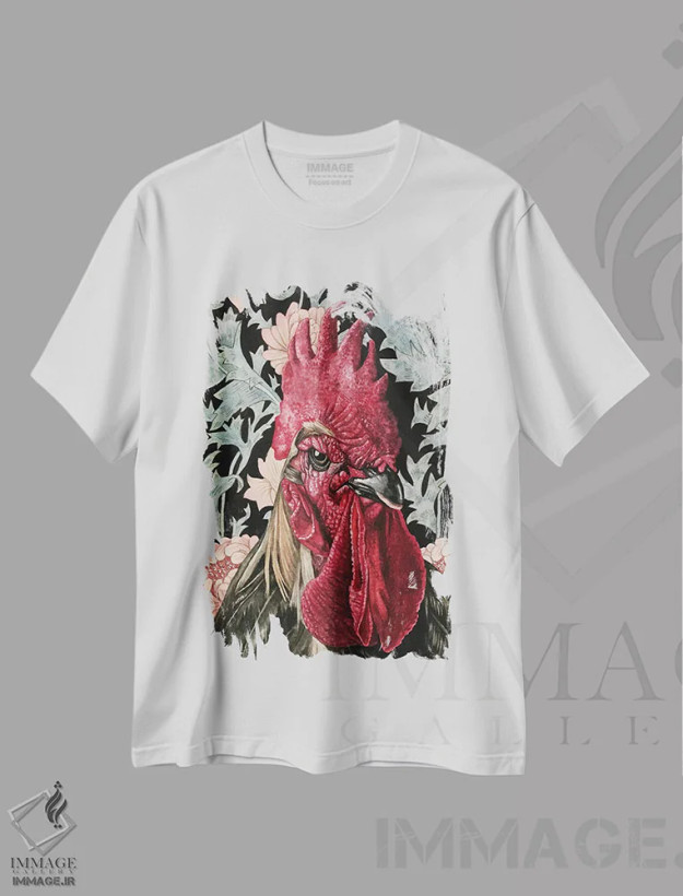تیشرت سفید طرح دار "خروس"، هنر فاخر معاصر اثر لیزا لنون | فروشگاه ایماژ