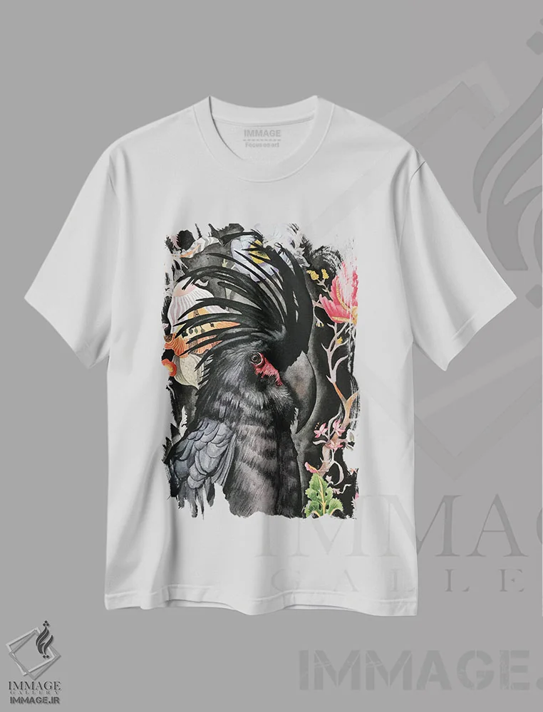 تیشرت سفید طرح دار "کاکاتوی نخل دار"، هنر فاخر معاصر اثر لیزا لنون | فروشگاه ایماژ