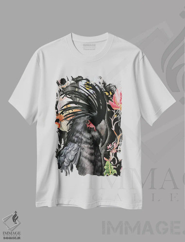 تیشرت سفید طرح دار "کاکاتوی نخل دار"، هنر فاخر معاصر اثر لیزا لنون | فروشگاه ایماژ