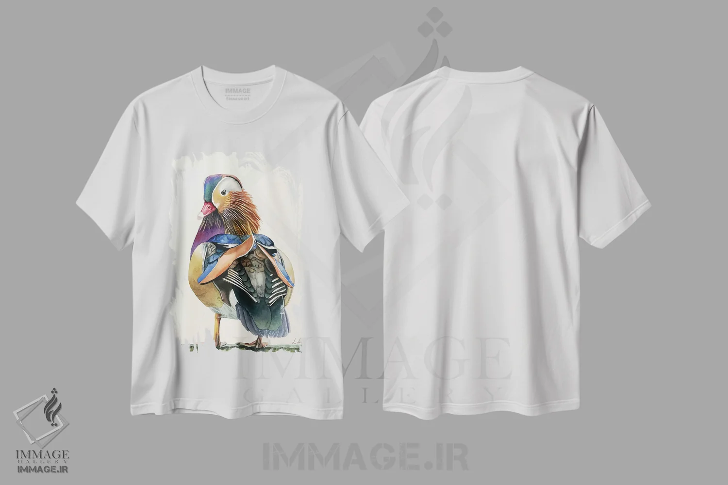 تیشرت سفید طرح دار "اردک ماندارین"، دکور آسیایی اثر لیزا لنون | فروشگاه ایماژ
