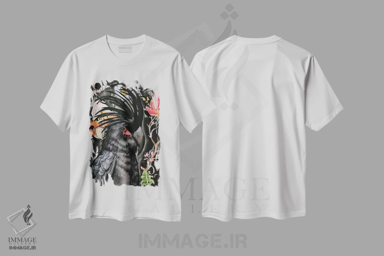 تیشرت سفید طرح دار "کاکاتوی نخل دار"، هنر فاخر معاصر اثر لیزا لنون | فروشگاه ایماژ