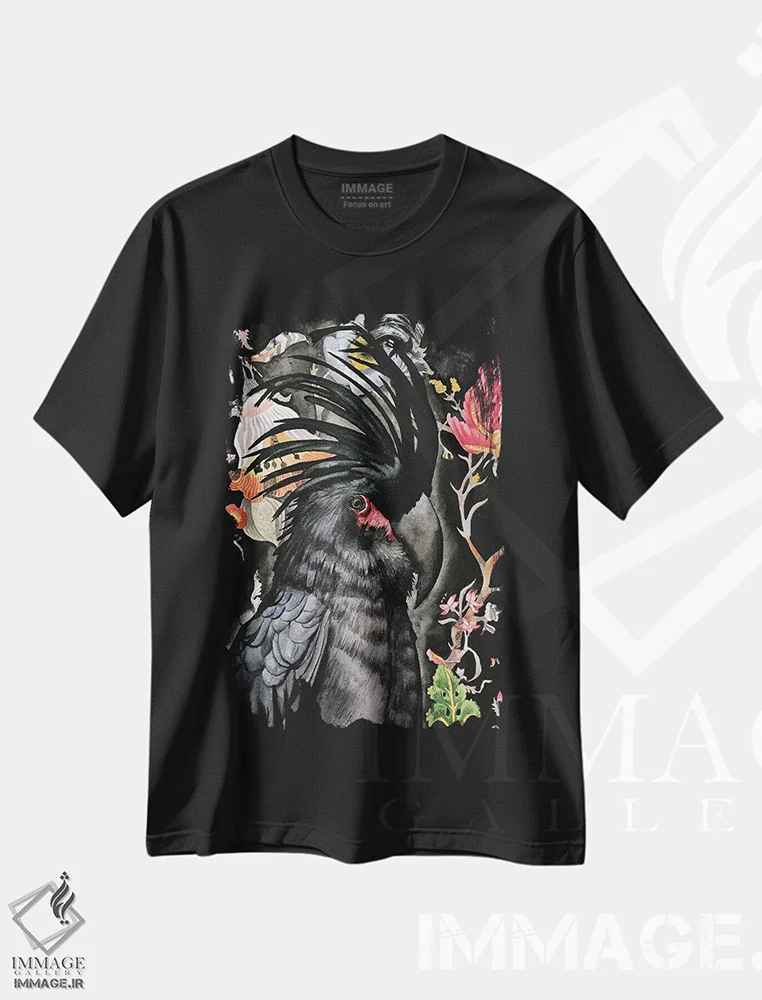 تیشرت مشکی طرح دار "کاکاتوی نخل دار"، هنر فاخر معاصر اثر لیزا لنون | immage.ir