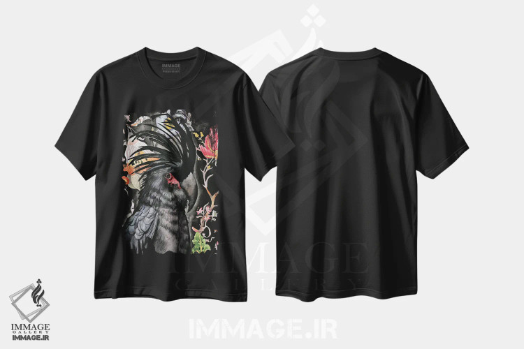 تیشرت مشکی طرح دار "کاکاتوی نخل دار"، هنر فاخر معاصر اثر لیزا لنون | immage.ir