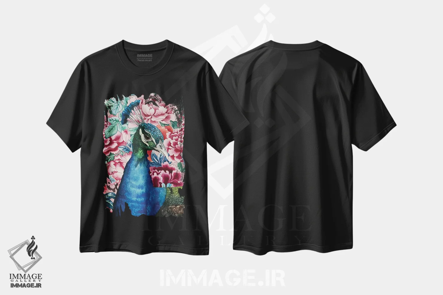 تیشرت مشکی طرح دار "طاووس با گل ها"، هنر فاخر معاصر اثر لیزا لنون | فروشگاه ایماژ