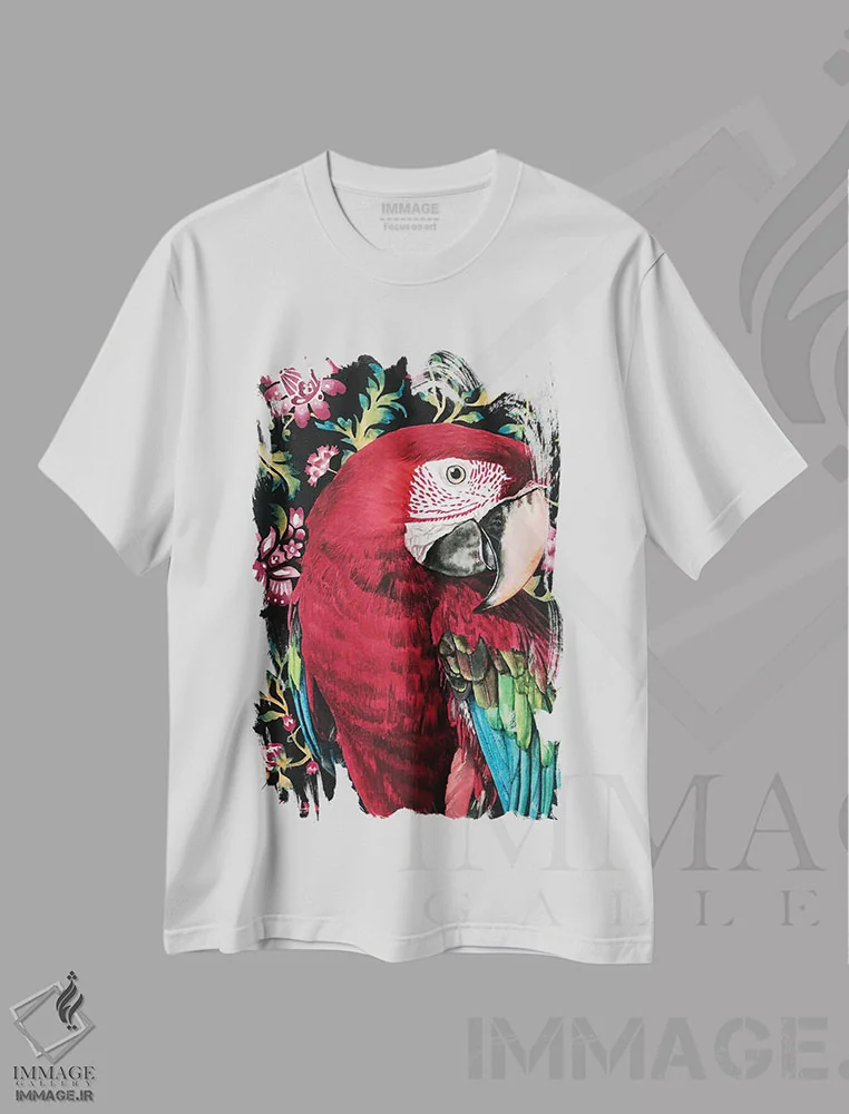 تیشرت سفید طرح دار "طوطی ماکائو"، هنر فاخر معاصر اثر لیزا لنون | immage.ir