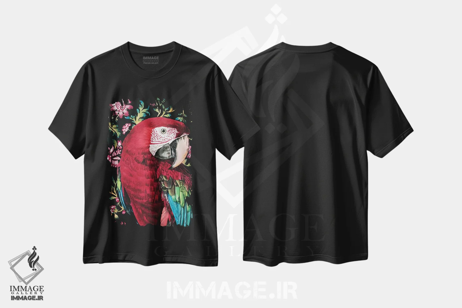 تیشرت مشکی طرح دار "طوطی ماکائو"، هنر فاخر معاصر اثر لیزا لنون | فروشگاه ایماژ