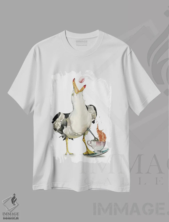تیشرت سفید طرح دار "حرکات شیطنت آمیز مرغ دریایی"، هنر فاخر معاصر اثر لیزا لنون | immage.ir
