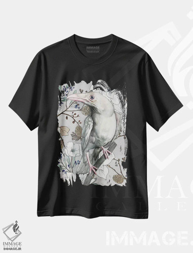 تیشرت مشکی طرح دار "کلاغ سفید"، هنر فاخر معاصر اثر لیزا لنون | فروشگاه ایماژ