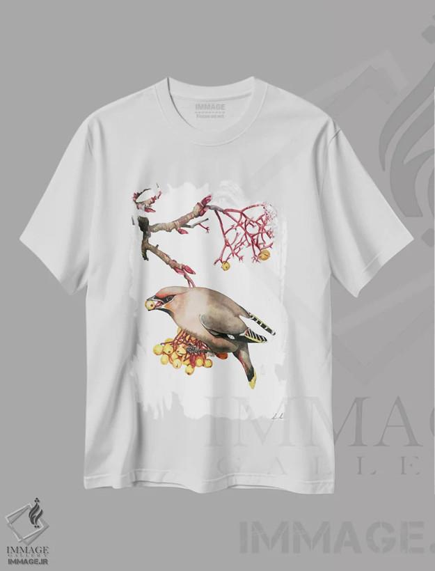 تیشرت سفید طرح دار "مگس خوار شمعی"، هنر فاخر معاصر اثر لیزا لنون | فروشگاه ایماژ