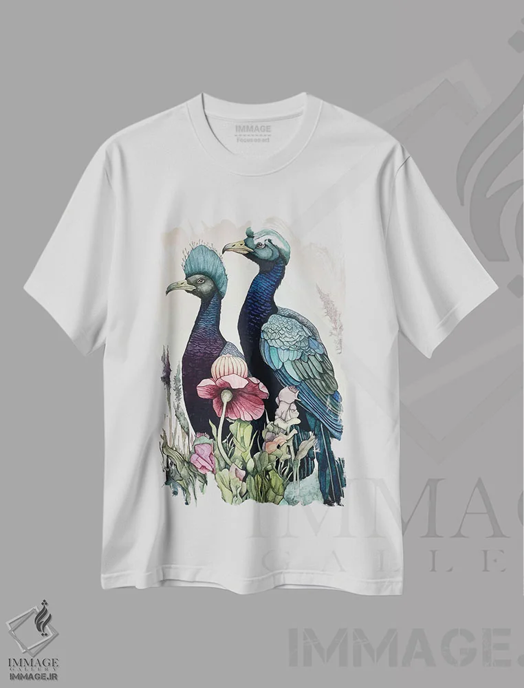 تیشرت سفید طرح دار "پرندگان سر آبی"، دکور معاصر اثر لیزا لنون | فروشگاه ایماژ