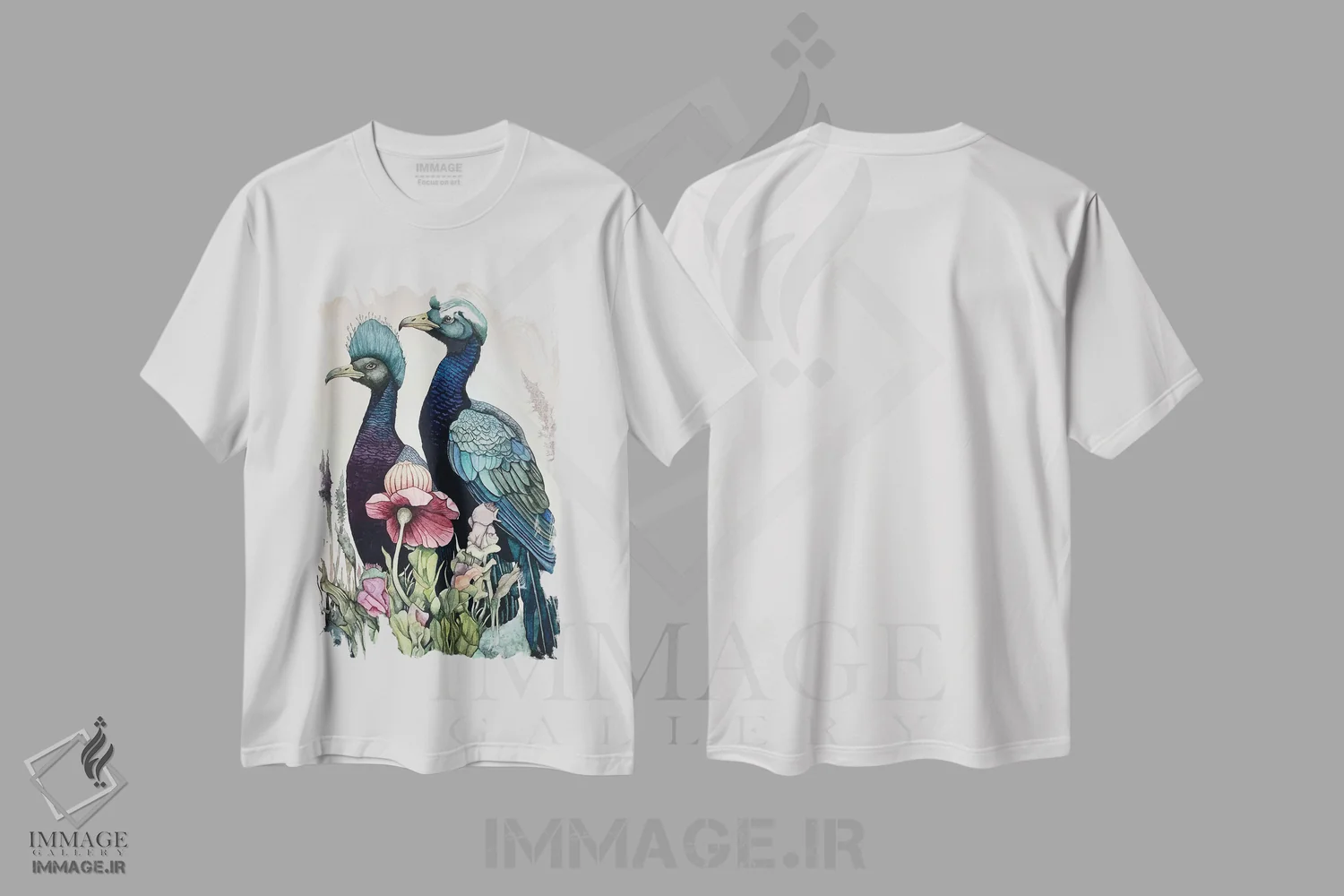 تیشرت سفید طرح دار "پرندگان سر آبی"، دکور معاصر اثر لیزا لنون | فروشگاه ایماژ