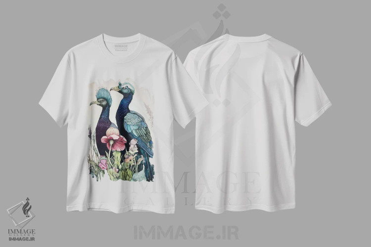 تیشرت سفید طرح دار "پرندگان سر آبی"، دکور معاصر اثر لیزا لنون | فروشگاه ایماژ