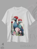 تیشرت سفید طرح دار "پرندگان تاج دار قرمز"، دکور معاصر اثر لیزا لنون | فروشگاه ایماژ