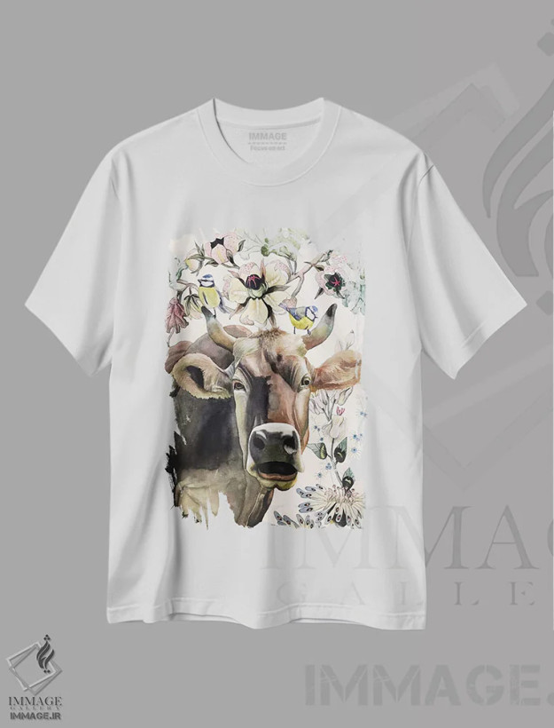 تیشرت سفید طرح دار "گاو"، هنر فاخر معاصر اثر لیزا لنون | فروشگاه ایماژ