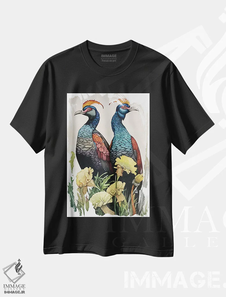 تیشرت مشکی طرح دار "پرندگان تاج دار قرمز و آبی"، دکور معاصر اثر لیزا لنون | فروشگاه ایماژ