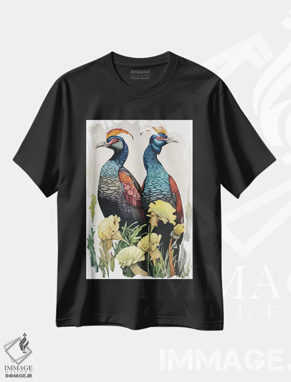 تیشرت مشکی طرح دار "پرندگان تاج دار قرمز و آبی"، دکور معاصر اثر لیزا لنون | فروشگاه ایماژ