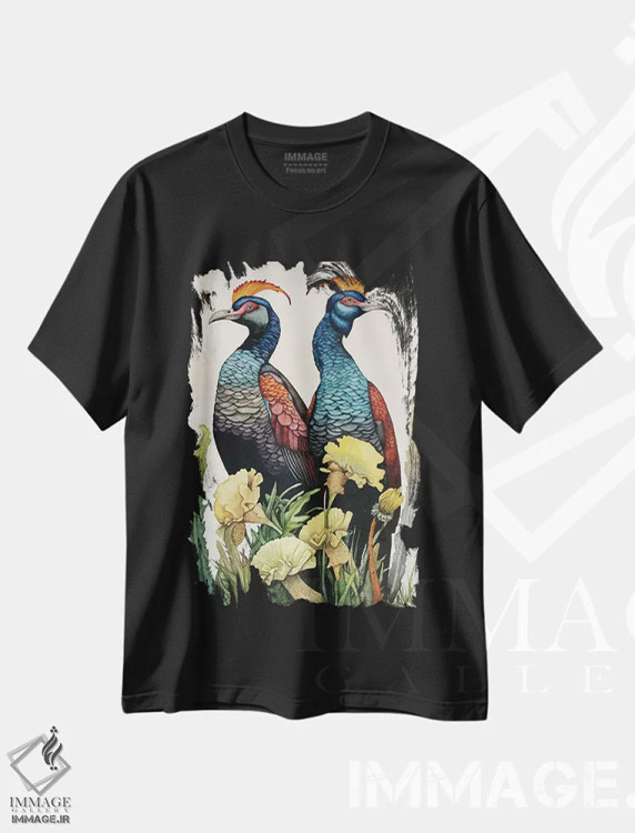 تیشرت مشکی طرح دار "پرندگان تاج دار زرد"، دکور معاصر اثر لیزا لنون | immage.ir