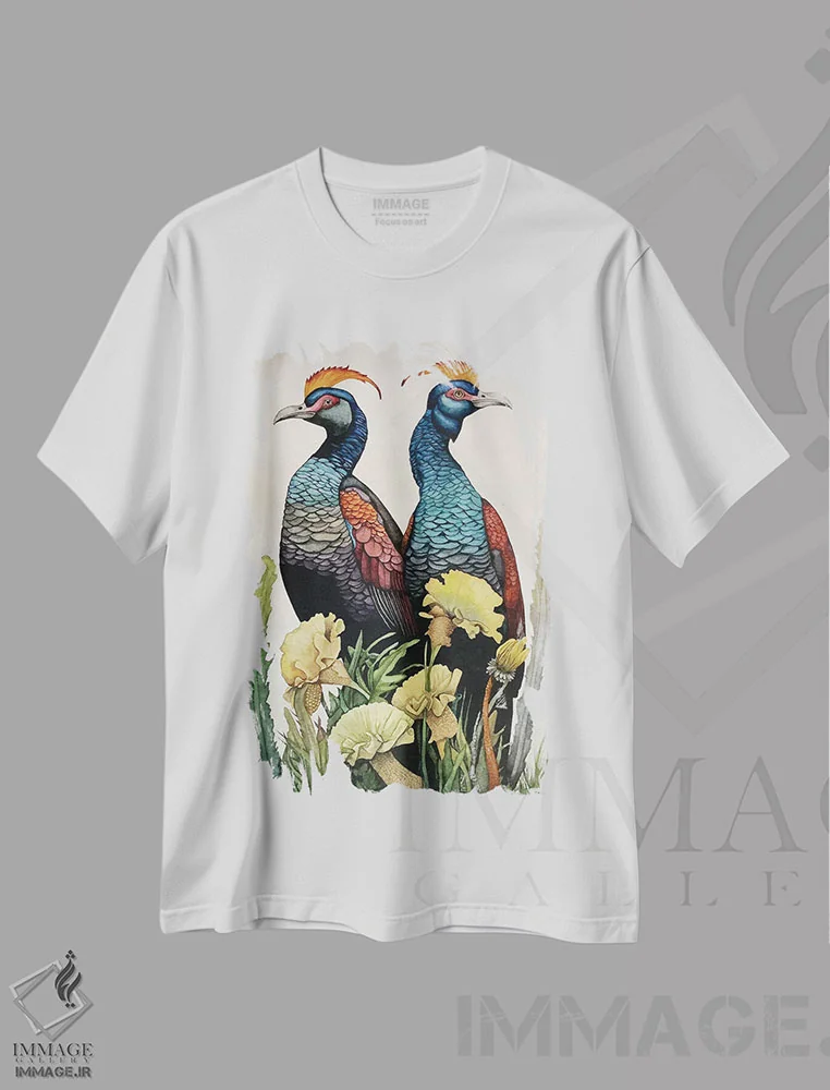 تیشرت سفید طرح دار "پرندگان تاج دار زرد"، دکور معاصر اثر لیزا لنون | فروشگاه ایماژ