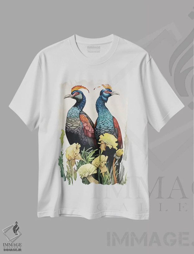 تیشرت سفید طرح دار "پرندگان تاج دار زرد"، دکور معاصر اثر لیزا لنون | فروشگاه ایماژ