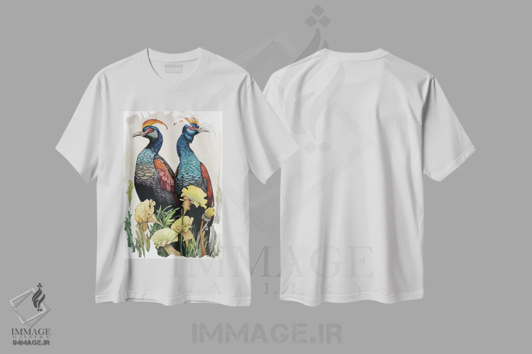 تیشرت سفید طرح دار "پرندگان تاج دار قرمز و آبی"، دکور معاصر اثر لیزا لنون | immage.ir