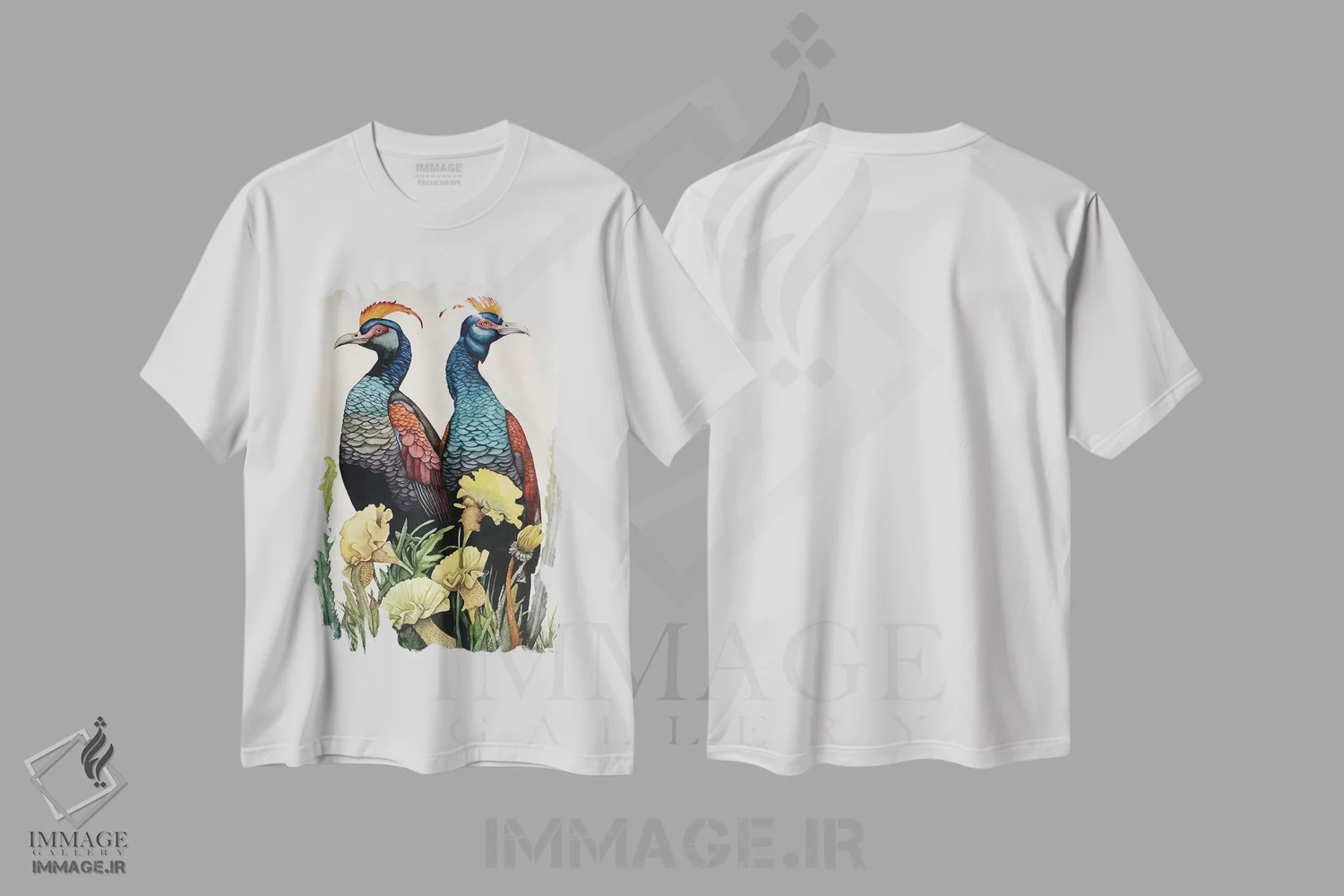 تیشرت سفید طرح دار "پرندگان تاج دار زرد"، دکور معاصر اثر لیزا لنون | فروشگاه ایماژ