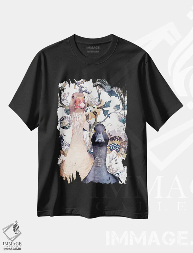 تیشرت مشکی طرح دار "غاز و اردک"، هنر فاخر معاصر اثر لیزا لنون | فروشگاه ایماژ