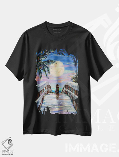 تیشرت مشکی طرح دار "سگ و ماه"، دکور ساحلی اثر لیندا اولسن | فروشگاه ایماژ