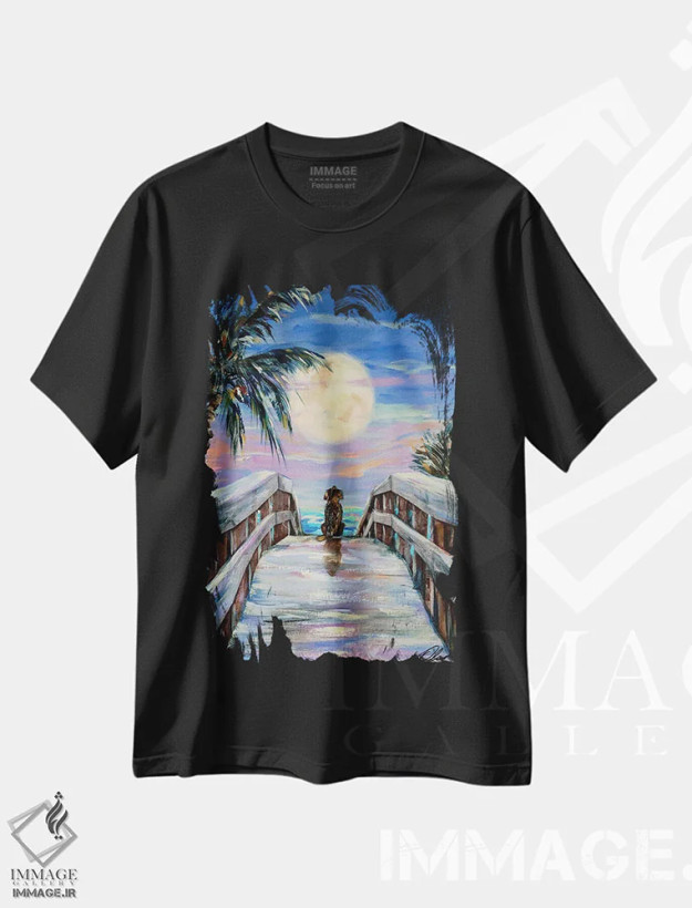 تیشرت مشکی طرح دار "سگ و ماه"، دکور ساحلی اثر لیندا اولسن | فروشگاه ایماژ