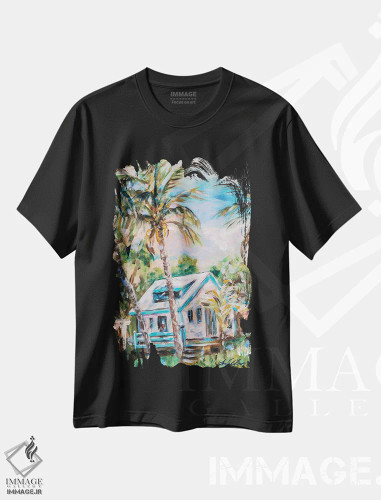تیشرت مشکی طرح دار "خانه مهمان هاپ تاون"، دکور ساحلی اثر لیندا اولسن | فروشگاه ایماژ