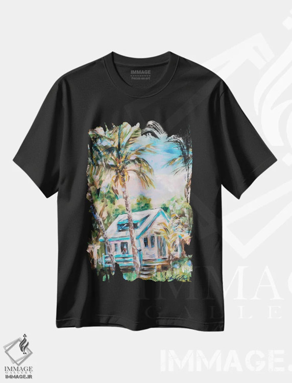 تیشرت مشکی طرح دار "خانه مهمان هاپ تاون"، دکور ساحلی اثر لیندا اولسن | فروشگاه ایماژ