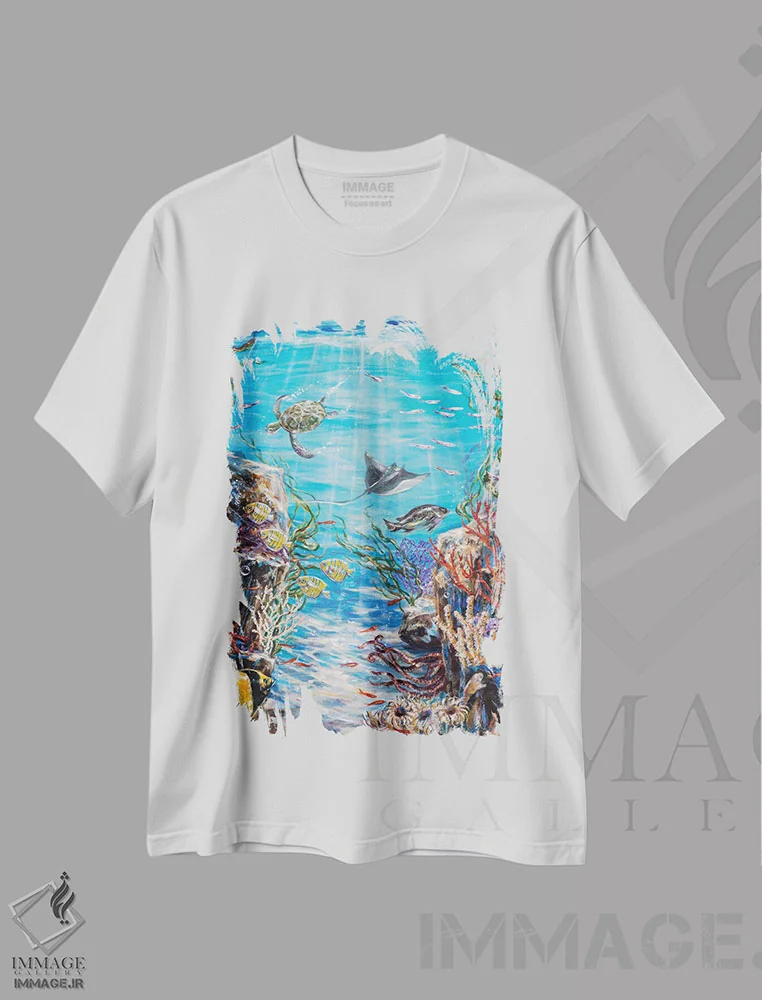 تیشرت سفید طرح دار "رویای زیر آب"، هنر فاخر معاصر اثر لیندا اولسن | immage.ir