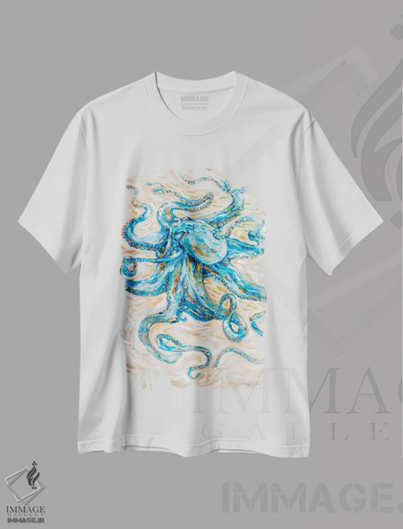 تیشرت سفید طرح دار "هشت پا فیروزه ای"، هنر فاخر معاصر اثر لیندا اولسن | immage.ir