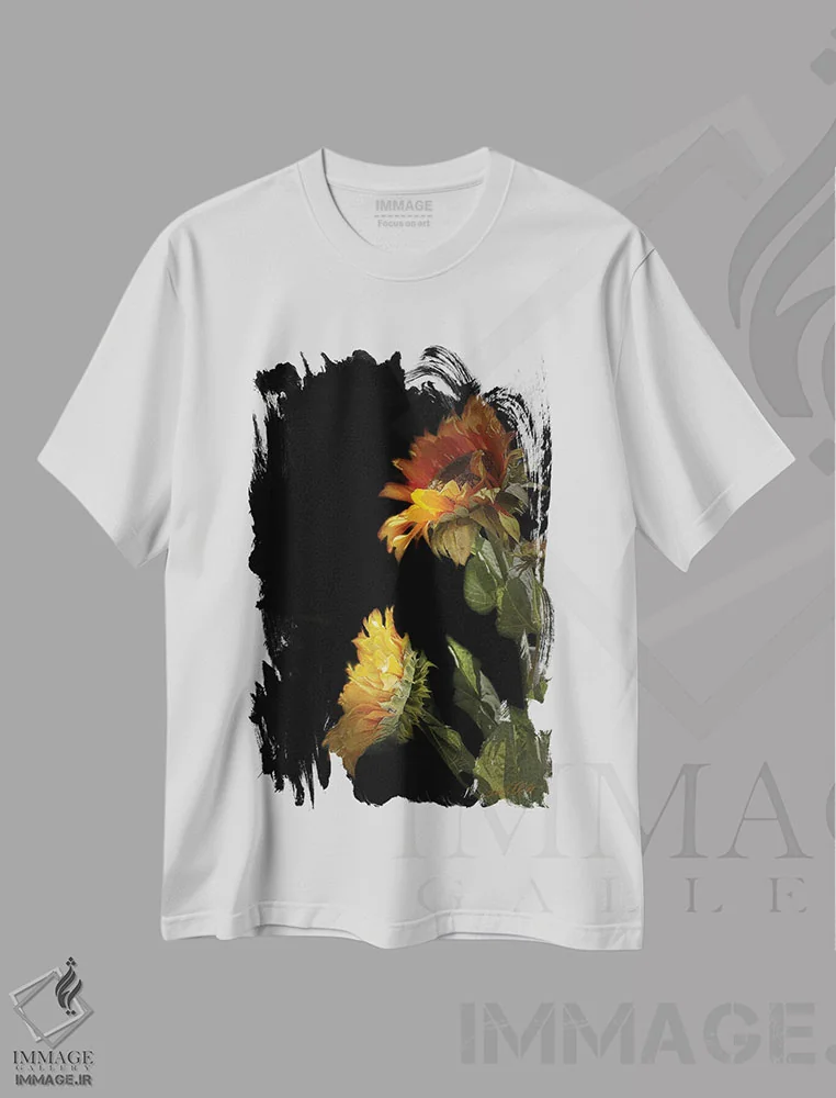 تیشرت سفید طرح دار "گل آفتابگردان سیاه"، دکور معاصر اثر لیندا اولسن | immage.ir