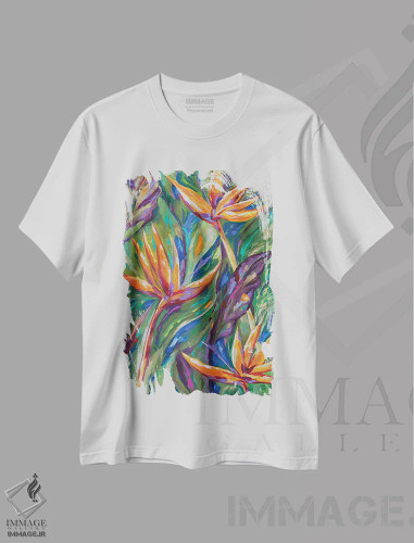 تیشرت سفید طرح دار "پرندگان بهشتی"، هنر فاخر معاصر اثر لیندا اولسن | فروشگاه ایماژ