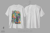 تیشرت سفید طرح دار "پرندگان بهشتی"، هنر فاخر معاصر اثر لیندا اولسن | فروشگاه ایماژ