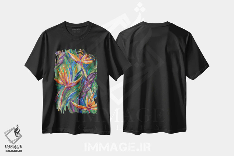 تیشرت مشکی طرح دار "پرندگان بهشتی"، هنر فاخر معاصر اثر لیندا اولسن | immage.ir