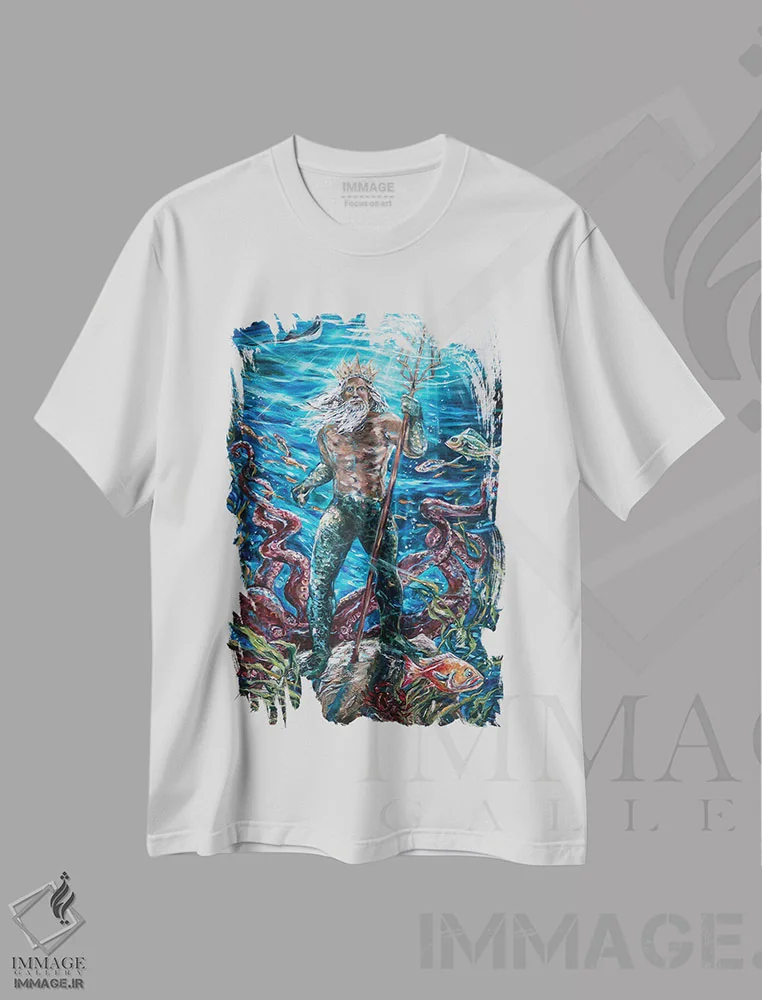 تیشرت سفید طرح دار "پادشاه نپتون"، هنر فاخر معاصر اثر لیندا اولسن | immage.ir