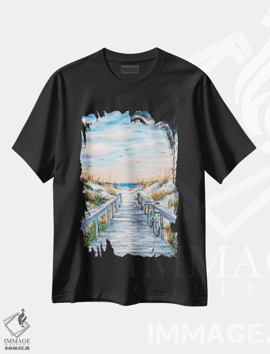 تیشرت مشکی طرح دار دوچرخه آبی-سبز در پارک ساحلی، هنر فاخر معاصر اثر لیندا اولسن | فروشگاه ایماژ