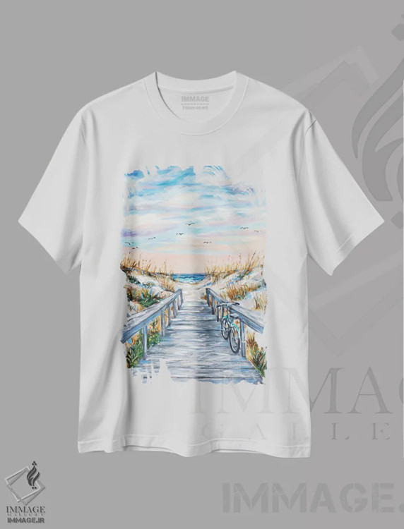 تیشرت سفید طرح دار دوچرخه آبی-سبز در پارک ساحلی، هنر فاخر معاصر اثر لیندا اولسن | immage.ir