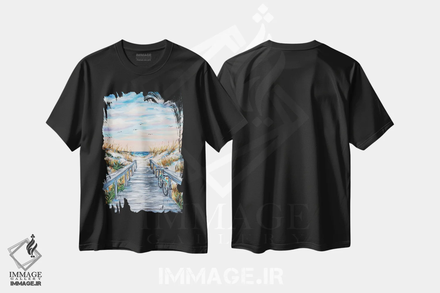 تیشرت مشکی طرح دار دوچرخه آبی-سبز در پارک ساحلی، هنر فاخر معاصر اثر لیندا اولسن | فروشگاه ایماژ