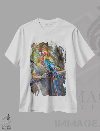 تیشرت سفید طرح دار طوطی، هنر فاخر معاصر اثر لیندا اولسن | فروشگاه ایماژ