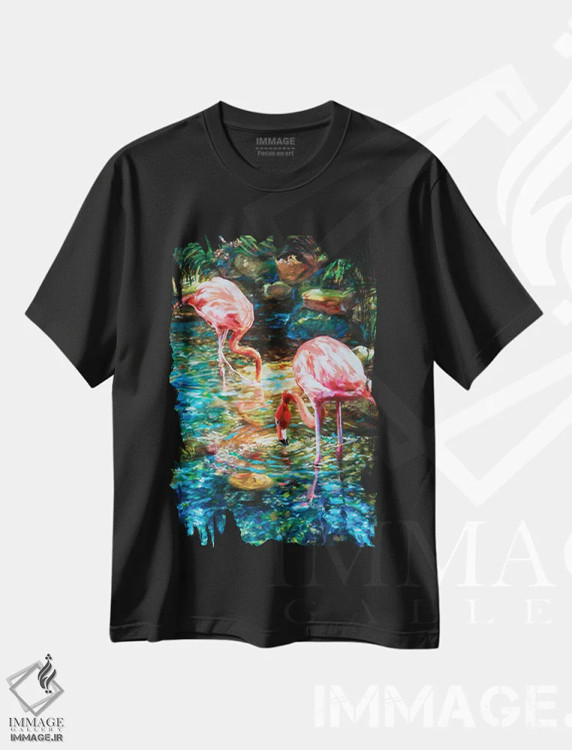 تیشرت مشکی طرح دار فلامینگوها، هنر فاخر معاصر اثر لیندا اولسن | فروشگاه ایماژ