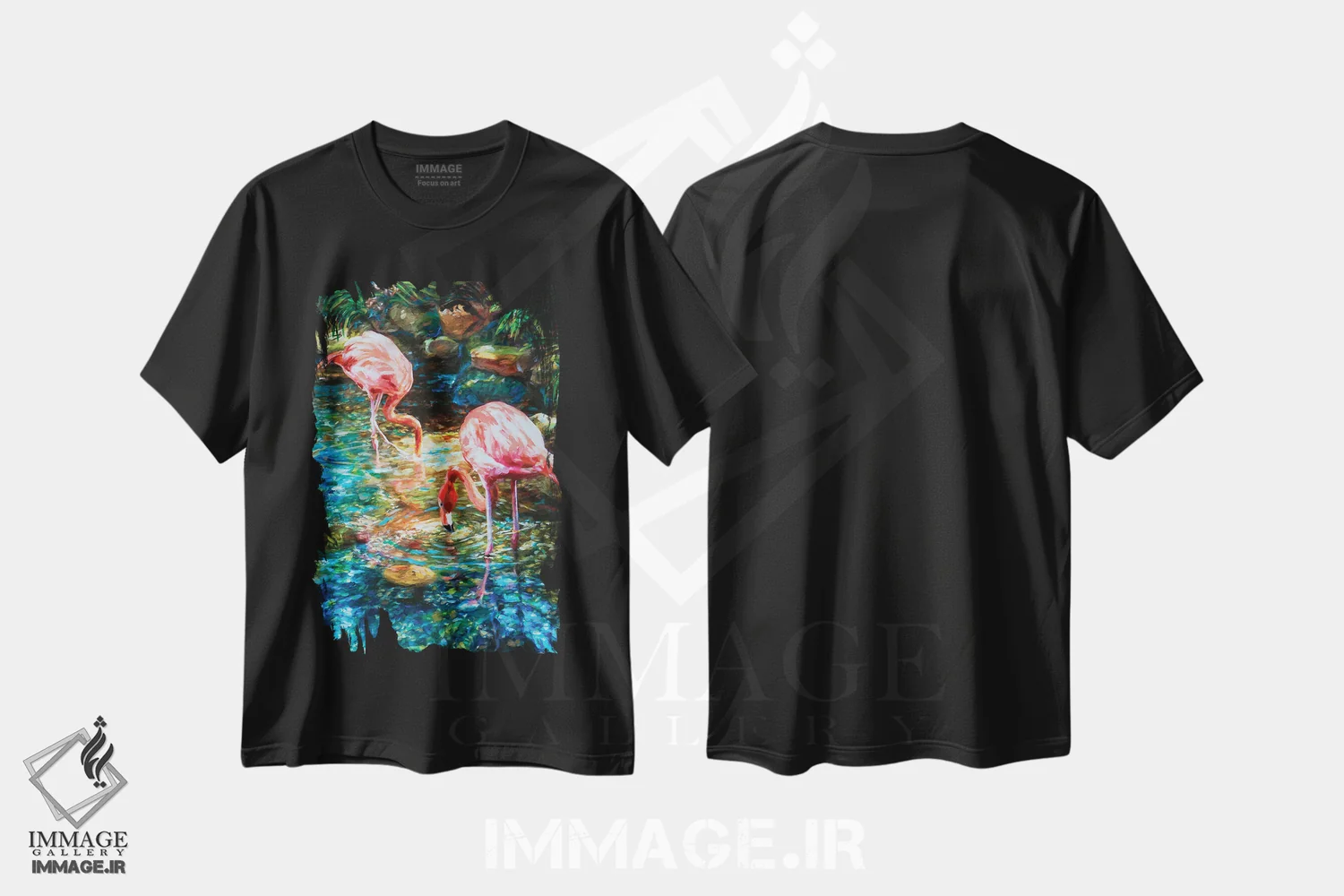 تیشرت مشکی طرح دار فلامینگوها، هنر فاخر معاصر اثر لیندا اولسن | فروشگاه ایماژ