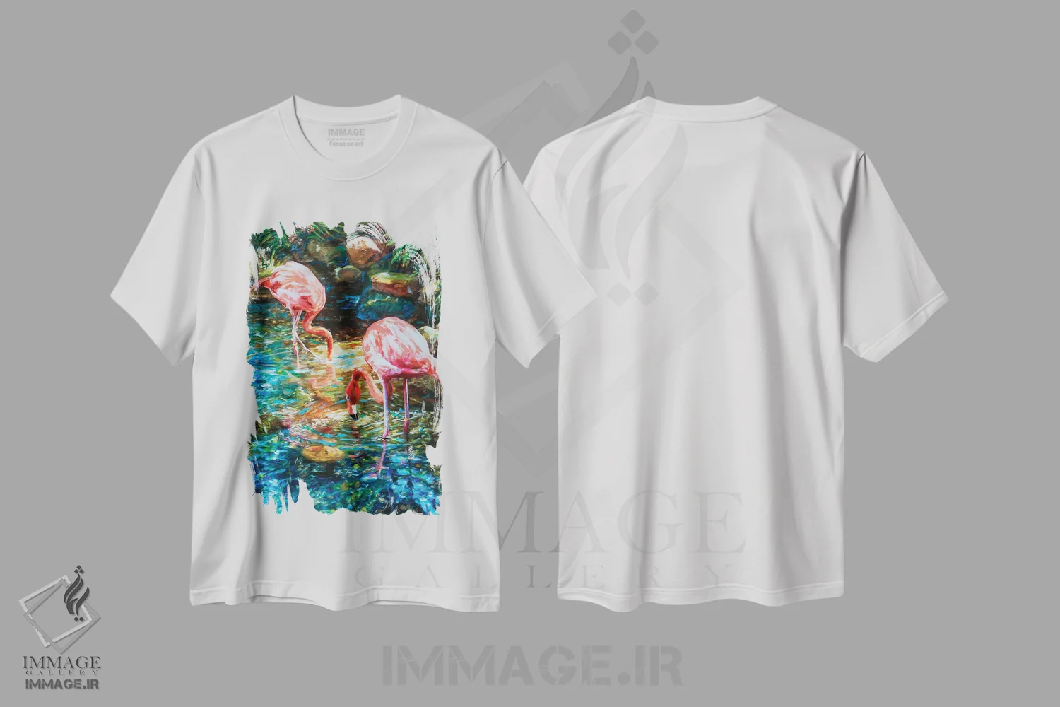 تیشرت سفید طرح دار فلامینگوها، هنر فاخر معاصر اثر لیندا اولسن | immage.ir