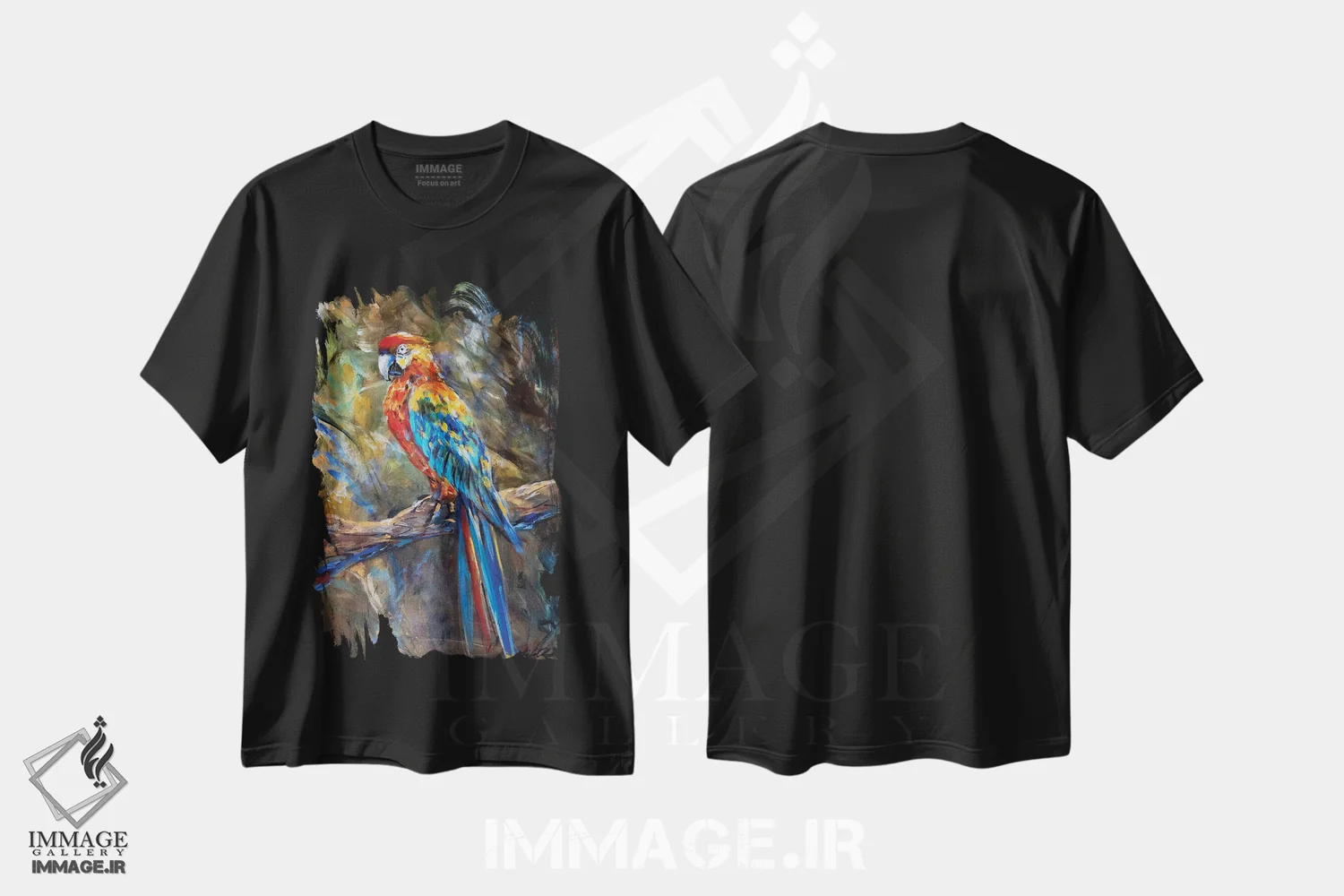 تیشرت مشکی طرح دار طوطی، هنر فاخر معاصر اثر لیندا اولسن | immage.ir