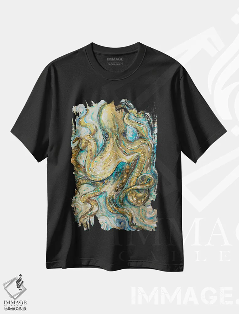 تیشرت مشکی طرح دار تانگوی هشت پا، دکور ساحلی اثر لیندا اولسن | فروشگاه ایماژ