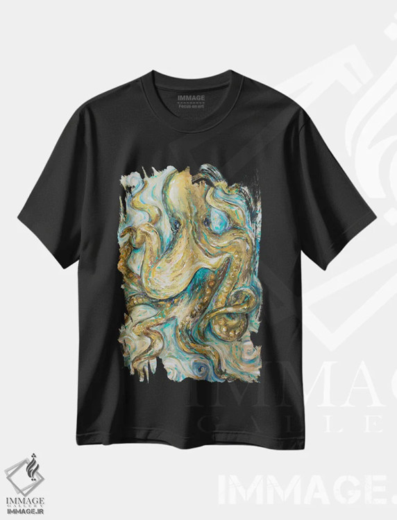 تیشرت مشکی طرح دار تانگوی هشت پا، دکور ساحلی اثر لیندا اولسن | فروشگاه ایماژ