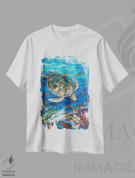 تیشرت سفید طرح دار غواصی لاک پشت دریایی، دکور ساحلی اثر لیندا اولسن | فروشگاه ایماژ