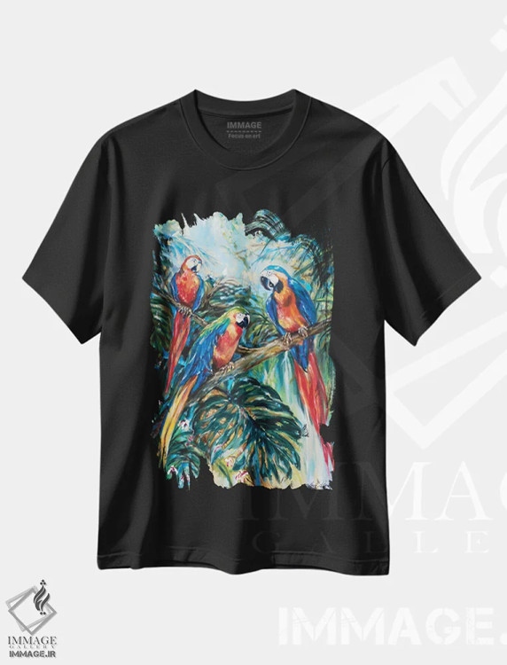 تیشرت مشکی طرح دار گروه کر طوطی ها، هنر فاخر معاصر اثر لیندا اولسن | فروشگاه ایماژ
